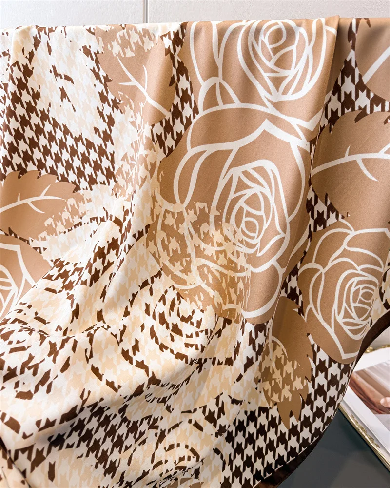 90*90cm Houndstooth Floral Cotton Square Scarf Women Silk Scarves Bandanas Luxury Beach Shawl Wraps Elegant Hijab Neckerchief