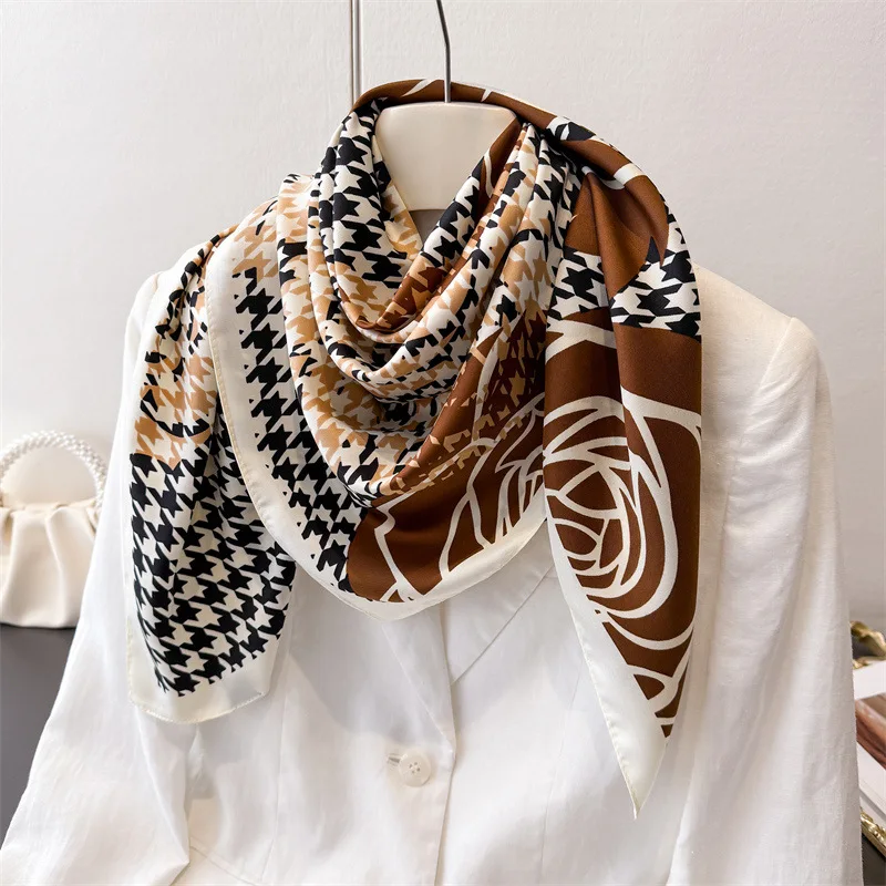 90*90cm Houndstooth Floral Cotton Square Scarf Women Silk Scarves Bandanas Luxury Beach Shawl Wraps Elegant Hijab Neckerchief