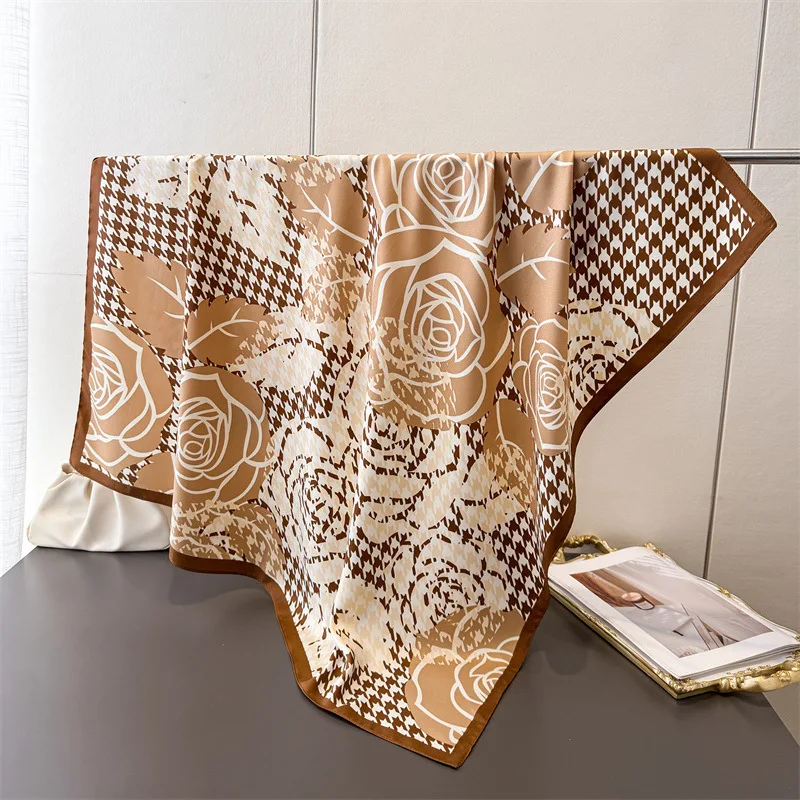 90*90cm Houndstooth Floral Cotton Square Scarf Women Silk Scarves Bandanas Luxury Beach Shawl Wraps Elegant Hijab Neckerchief