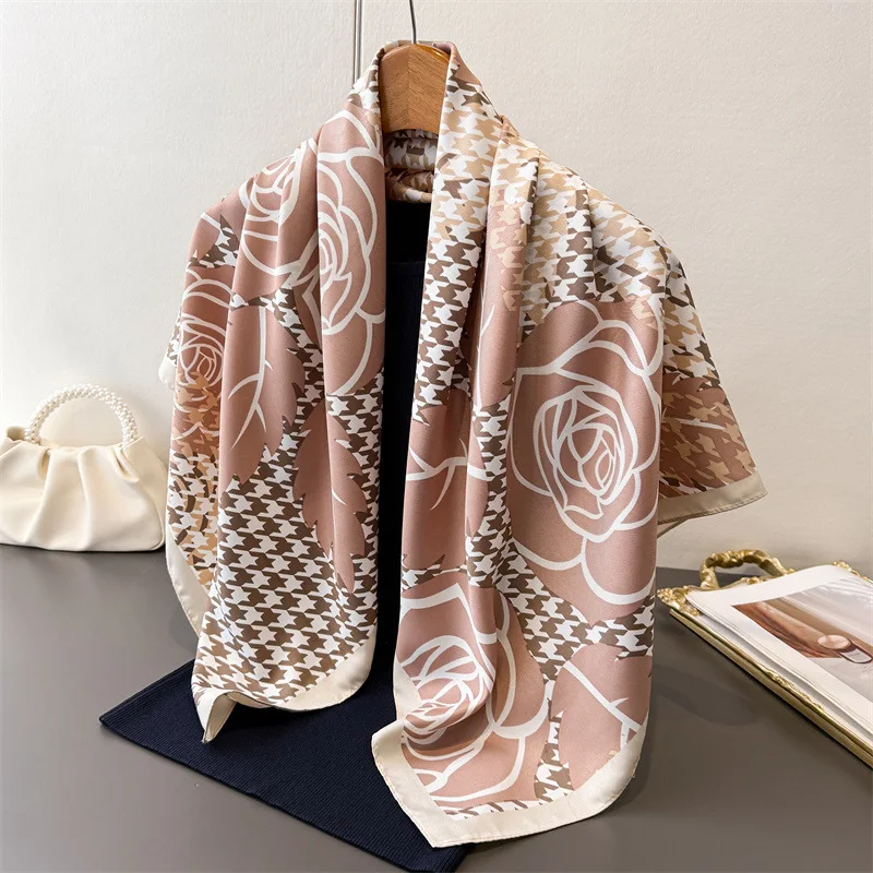 90*90cm Houndstooth Floral Cotton Square Scarf Women Silk Scarves Bandanas Luxury Beach Shawl Wraps Elegant Hijab Neckerchief