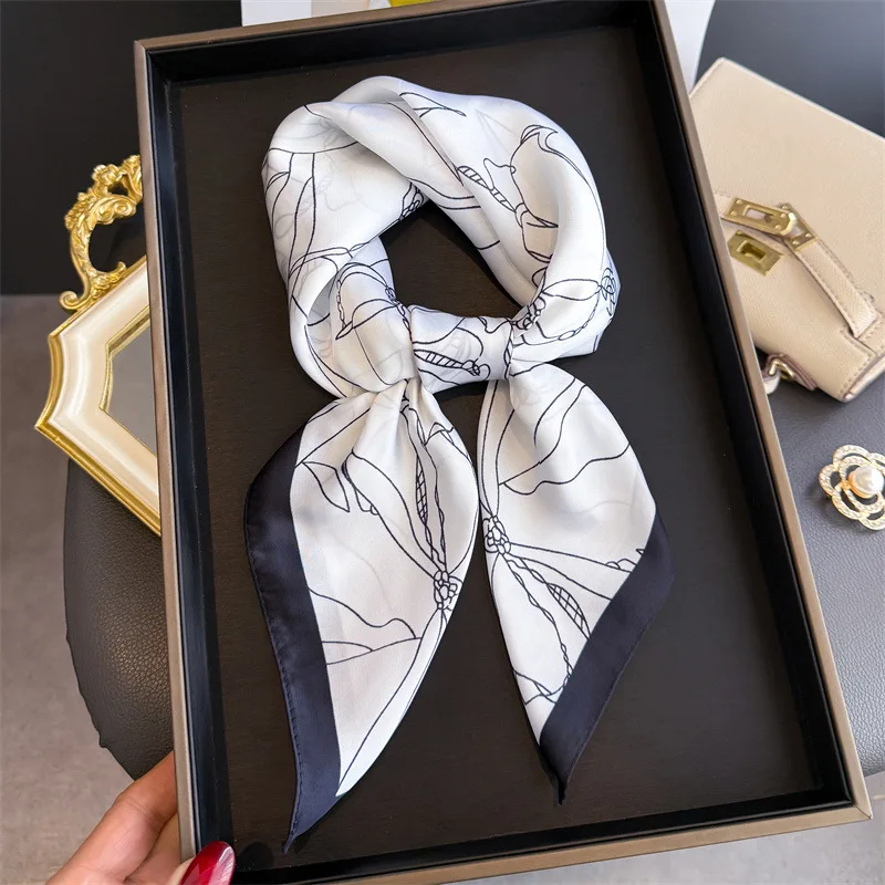 Luxury Line Drawing Floral Square Scarf For Women Silk Scarves Ladies Bandanas Hijab Neckerchief Elegant Shawl Wraps For Travel