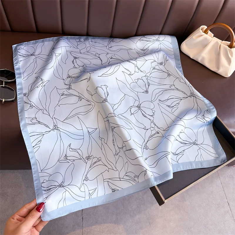 Luxury Line Drawing Floral Square Scarf For Women Silk Scarves Ladies Bandanas Hijab Neckerchief Elegant Shawl Wraps For Travel