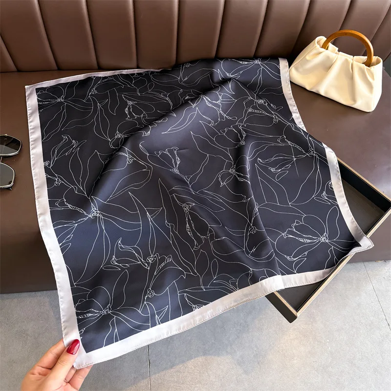 Luxury Line Drawing Floral Square Scarf For Women Silk Scarves Ladies Bandanas Hijab Neckerchief Elegant Shawl Wraps For Travel
