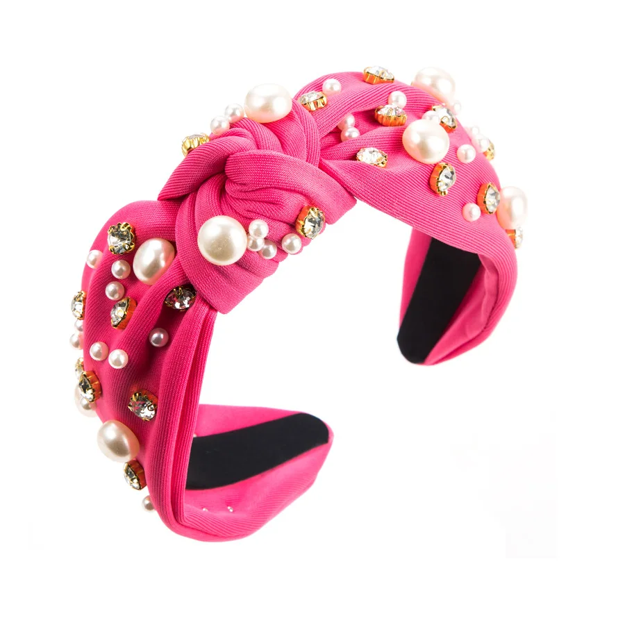 Hot Selling Fabric Knotted Headband Wide Edge Nail Diamond Pearl Hairband Korean Temperament Women's Hair Accessories
