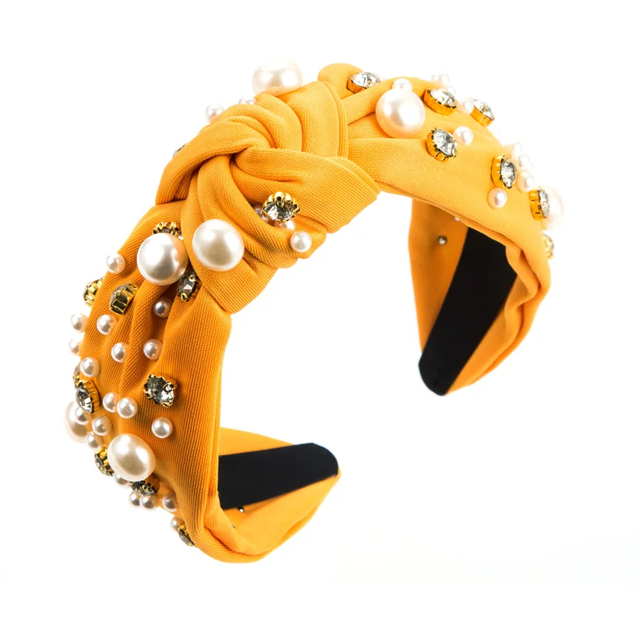 Hot Selling Fabric Knotted Headband Wide Edge Nail Diamond Pearl Hairband Korean Temperament Women's Hair Accessories