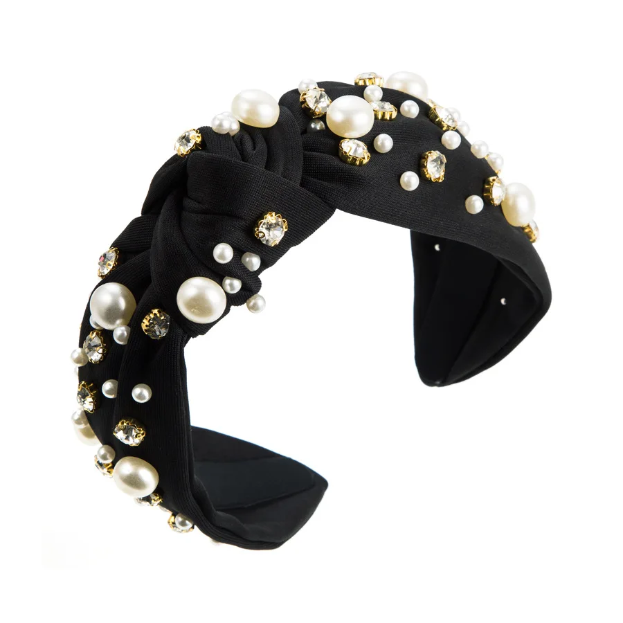 Hot Selling Fabric Knotted Headband Wide Edge Nail Diamond Pearl Hairband Korean Temperament Women's Hair Accessories
