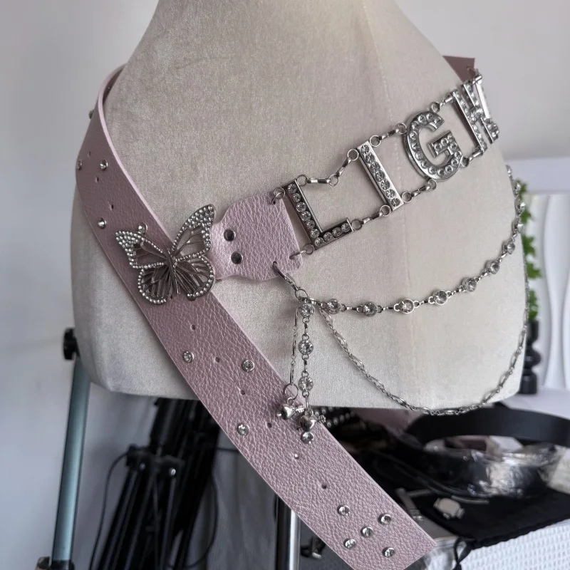 Trendy Y2K-Style Letter Belt MOON Rhinestone Chain Belt Hot Girl Jeans Accessories Elegant and Luxurious Waist Sash