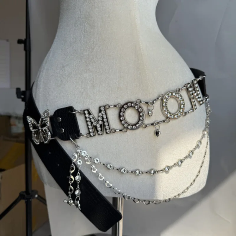 Trendy Y2K-Style Letter Belt MOON Rhinestone Chain Belt Hot Girl Jeans Accessories Elegant and Luxurious Waist Sash