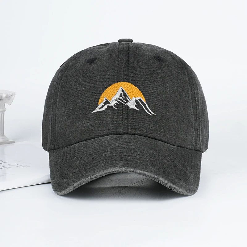 Vintage Mountain Sunrise Embroidered Washed Baseball Cap Adjustable Unisex Camping Travel Casual Hat