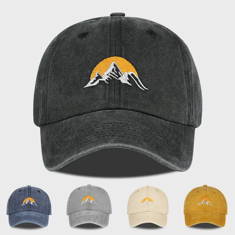 Vintage Mountain Sunrise Embroidered Washed Baseball Cap Adjustable Unisex Camping Travel Casual Hat