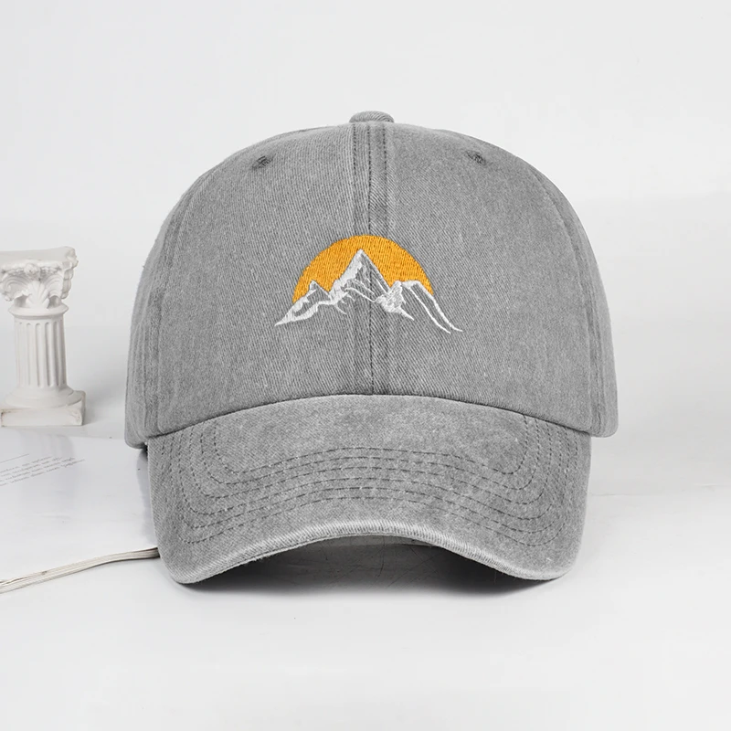 Vintage Mountain Sunrise Embroidered Washed Baseball Cap Adjustable Unisex Camping Travel Casual Hat