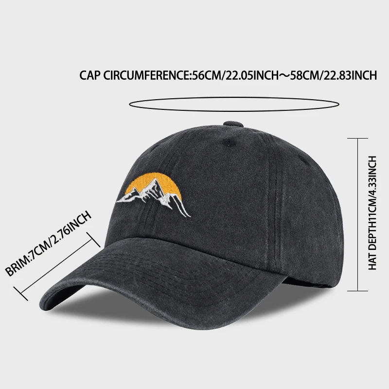 Vintage Mountain Sunrise Embroidered Washed Baseball Cap Adjustable Unisex Camping Travel Casual Hat