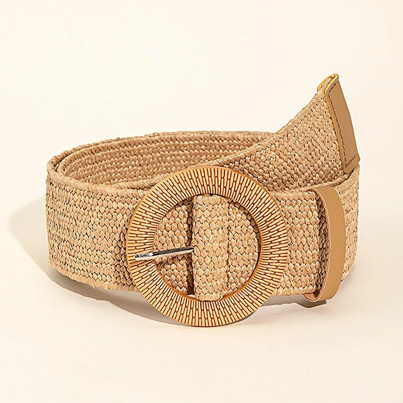1pc Women Round Buckle Boho Straw Belt For Beach Ellipse Buckle Bead Decor Bohemian Woven Belt For Holiday