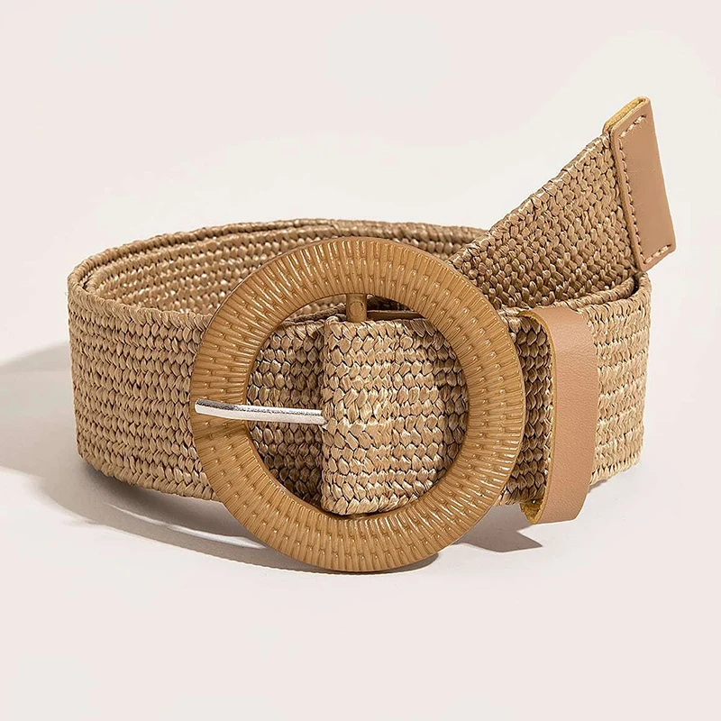 1pc Women Round Buckle Boho Straw Belt For Beach Ellipse Buckle Bead Decor Bohemian Woven Belt For Holiday