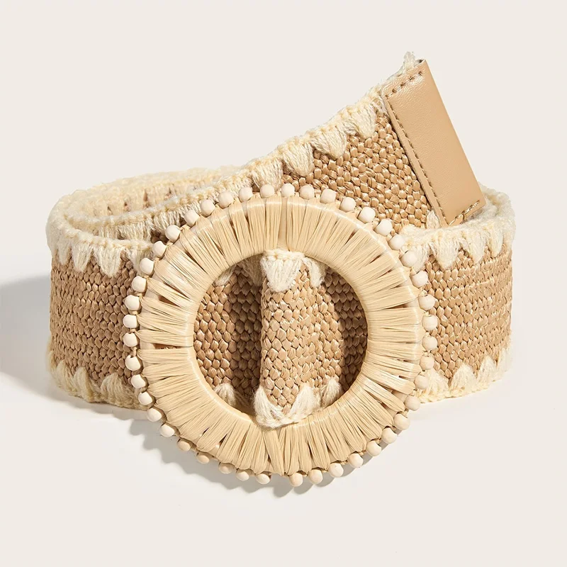 1pc Women Round Buckle Boho Straw Belt For Beach Ellipse Buckle Bead Decor Bohemian Woven Belt For Holiday