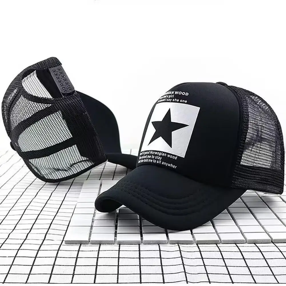 Unisex Summer Mesh Baseball Cap, Fashion Star Printed Adjustable Baseball Hat Snap Back Trucker Hat Ponytail Cap Outdoor Sports