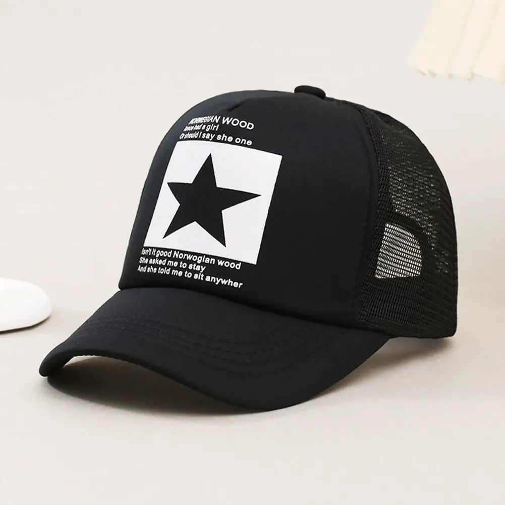 Unisex Summer Mesh Baseball Cap, Fashion Star Printed Adjustable Baseball Hat Snap Back Trucker Hat Ponytail Cap Outdoor Sports