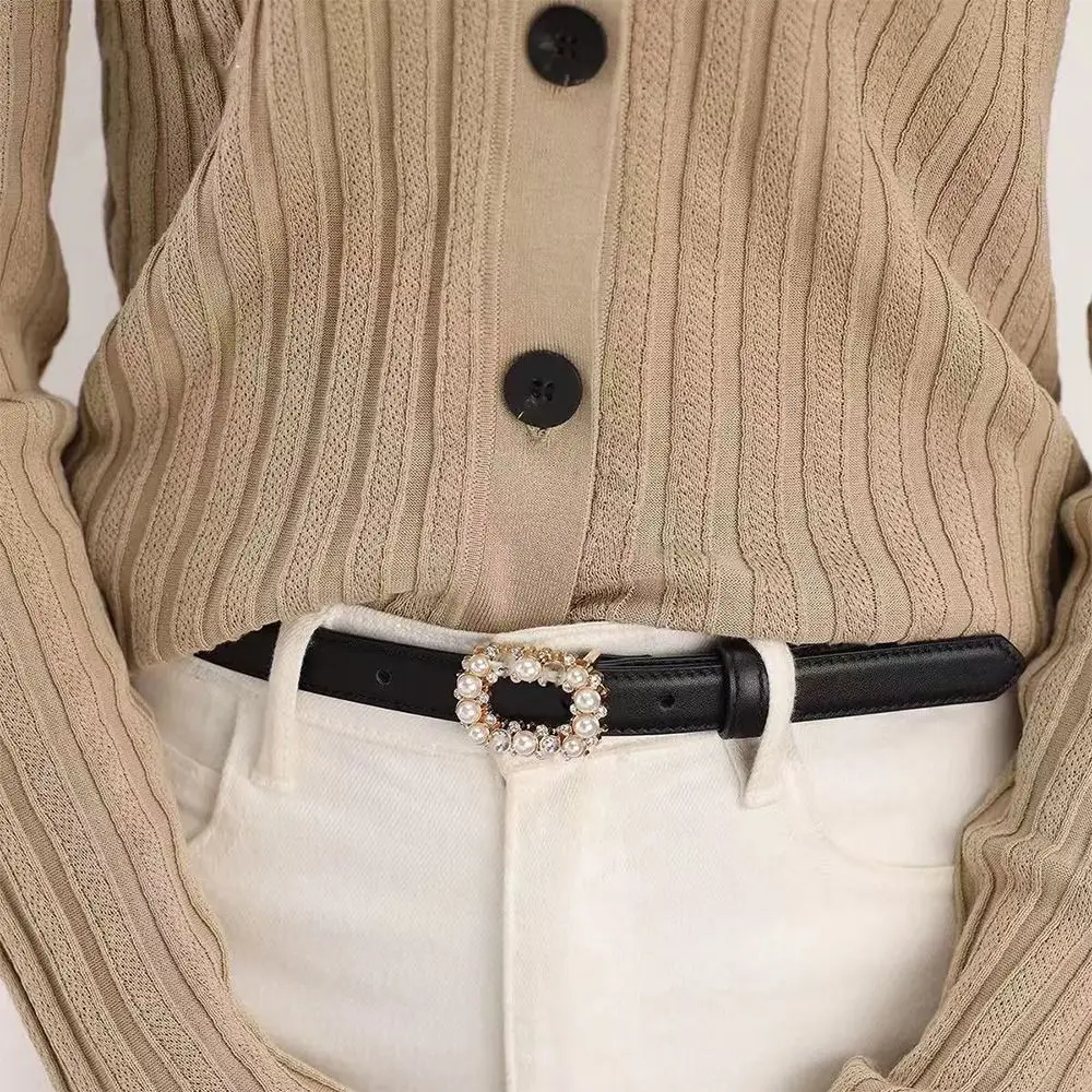 Rhinestone Pearl Decorated Women's Waist Belt Black White Single Circle Pin Buckle Waistband Thin Slimming Dress Belt