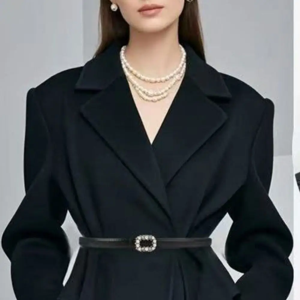 Rhinestone Pearl Decorated Women's Waist Belt Black White Single Circle Pin Buckle Waistband Thin Slimming Dress Belt