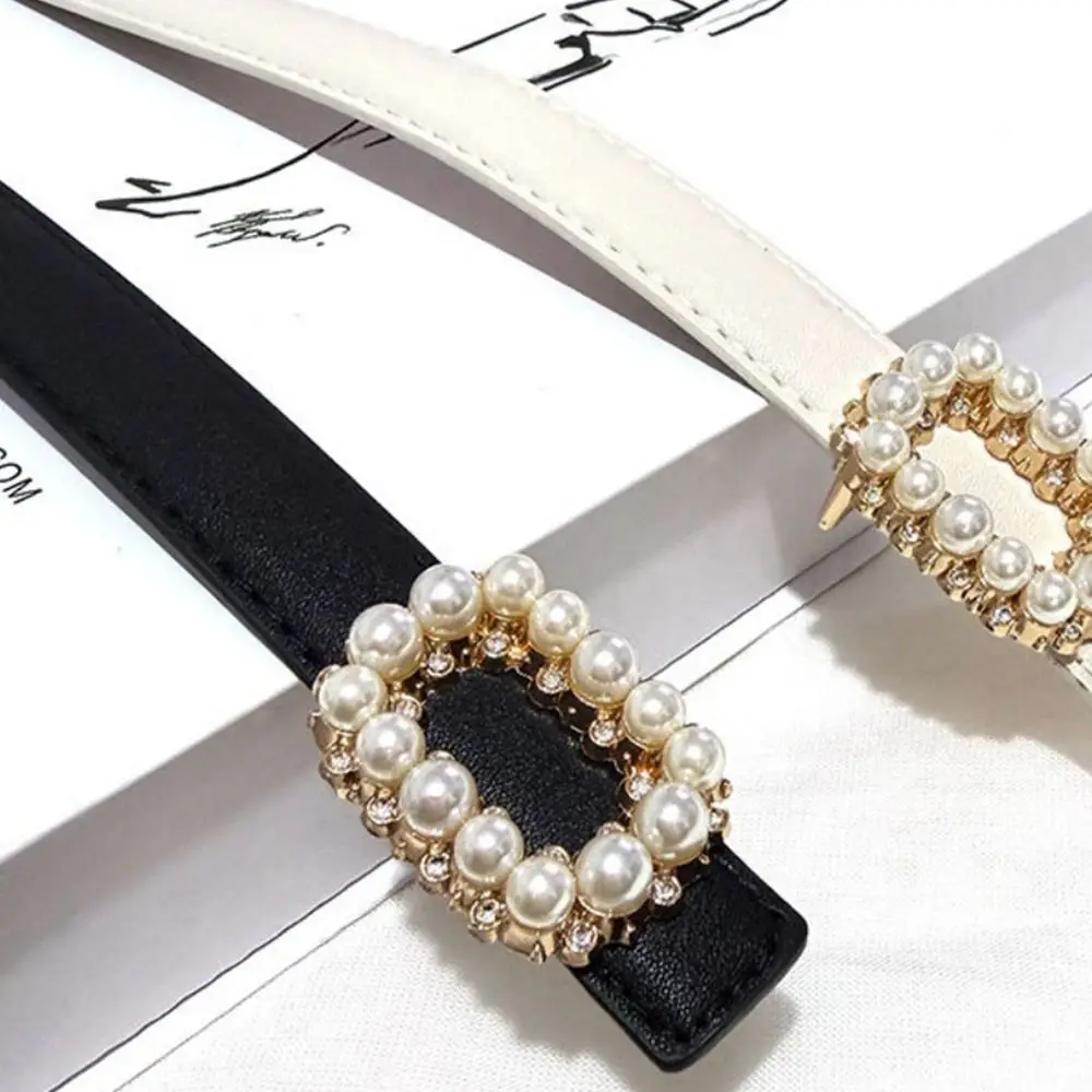 Rhinestone Pearl Decorated Women's Waist Belt Black White Single Circle Pin Buckle Waistband Thin Slimming Dress Belt