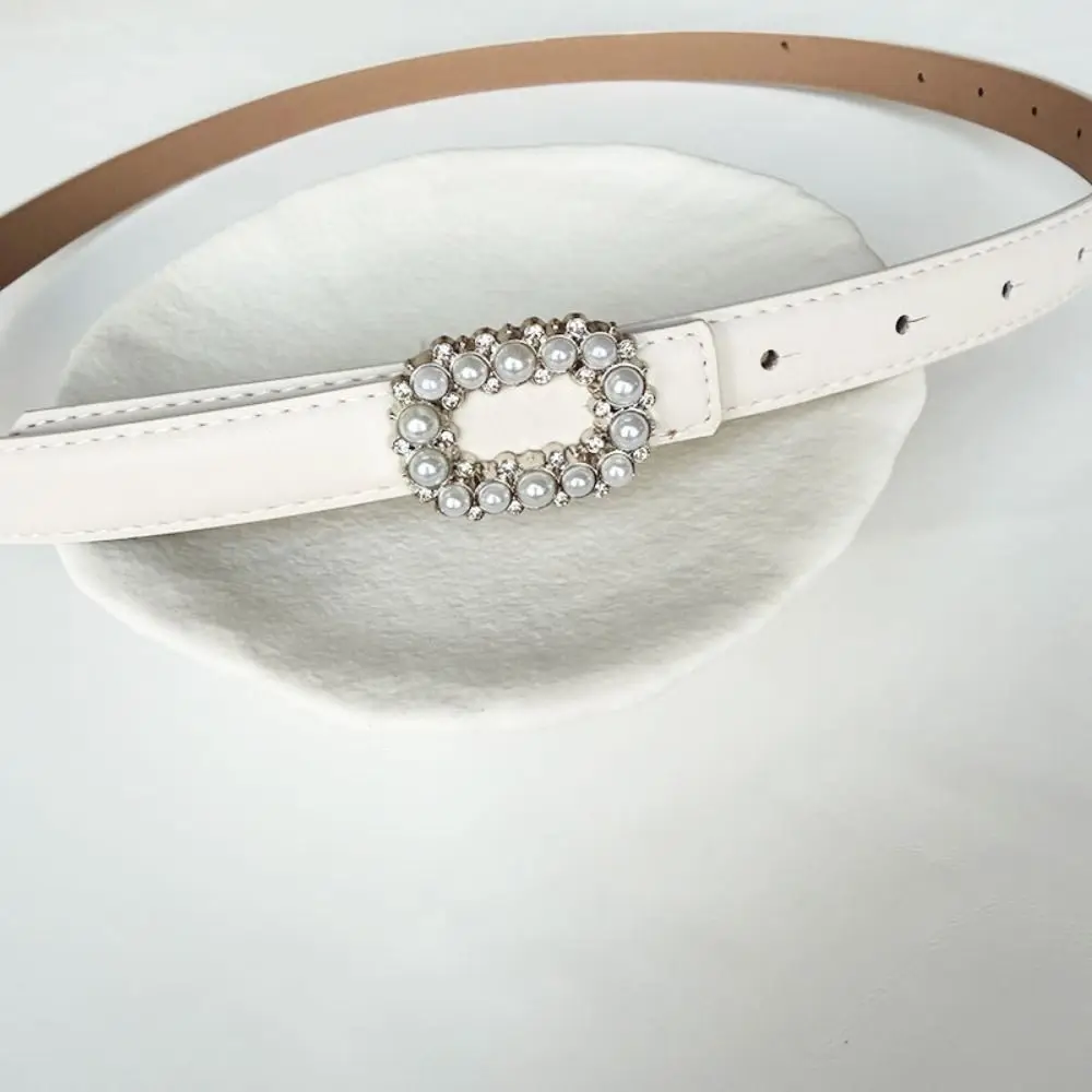 Rhinestone Pearl Decorated Women's Waist Belt Black White Single Circle Pin Buckle Waistband Thin Slimming Dress Belt