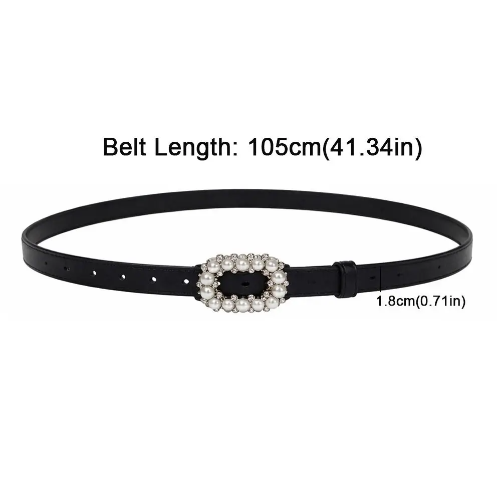Rhinestone Pearl Decorated Women's Waist Belt Black White Single Circle Pin Buckle Waistband Thin Slimming Dress Belt