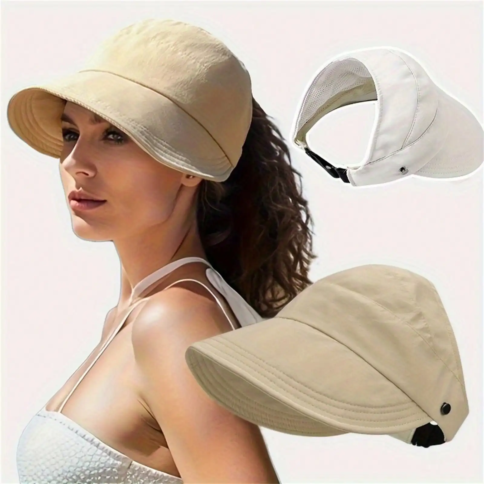 1pc Breathable Women's Sun Hat With Wide Brim, UV Protection, Open-Top Peaked Visor For Ponytails