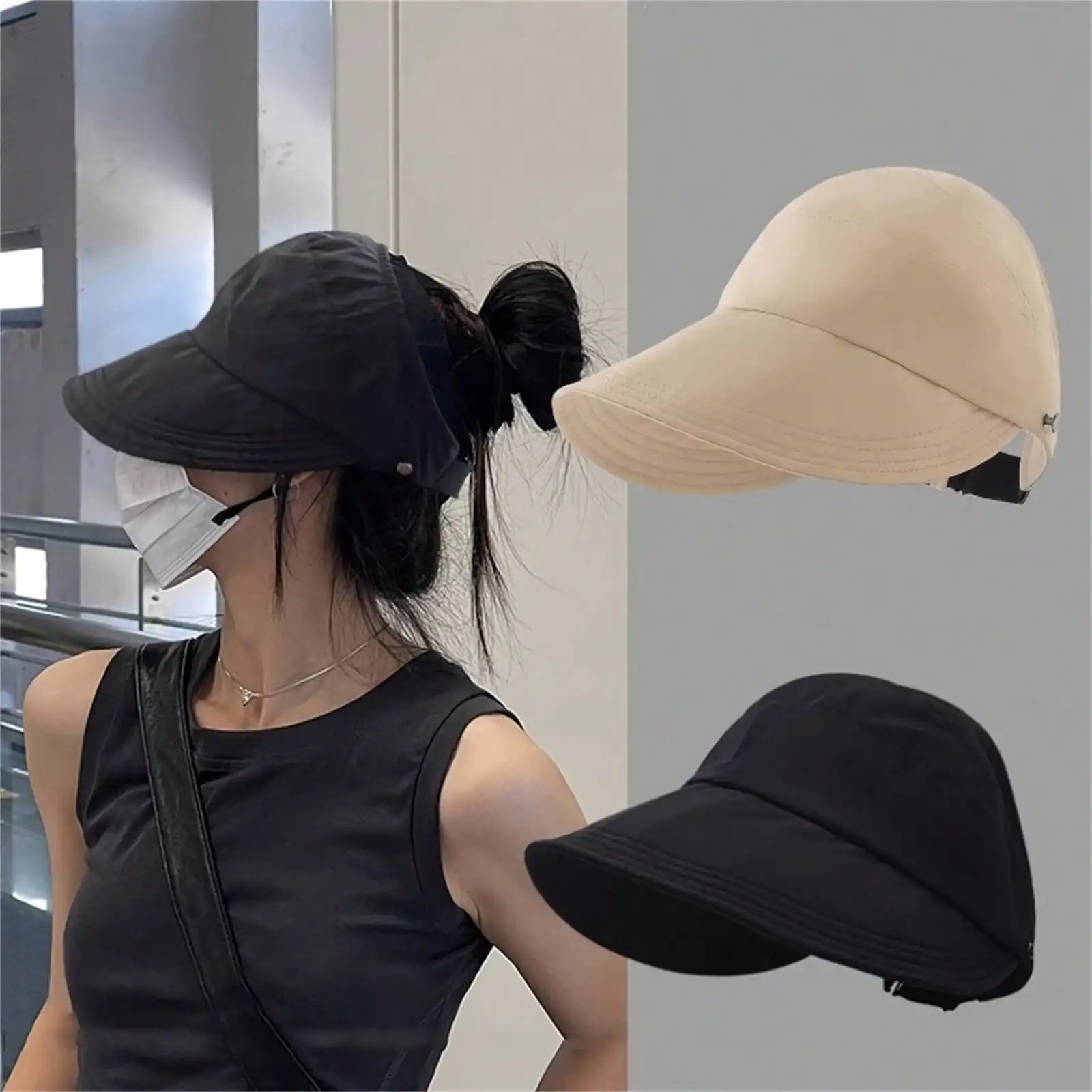 1pc Breathable Women's Sun Hat With Wide Brim, UV Protection, Open-Top Peaked Visor For Ponytails