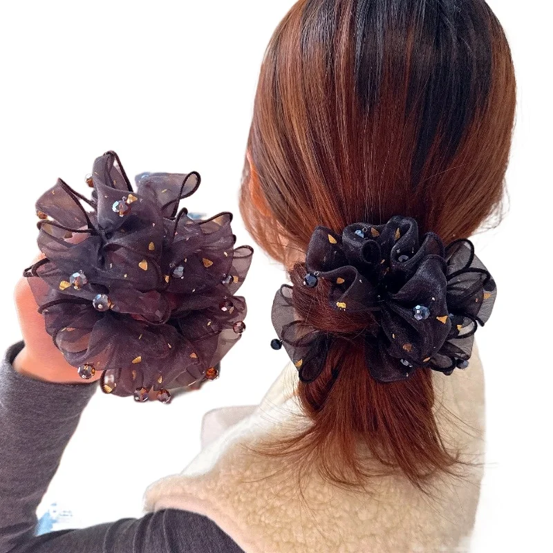 Crystal Headband Organza Hair Ties Large Intestine Ring Rubber Band Big Scrunchies for Women Hair Accessories Purple Scrunchie
