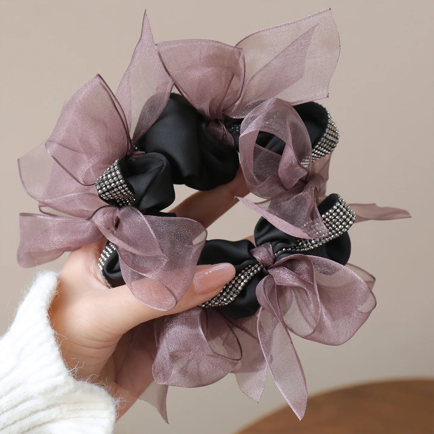 Crystal Headband Organza Hair Ties Large Intestine Ring Rubber Band Big Scrunchies for Women Hair Accessories Purple Scrunchie
