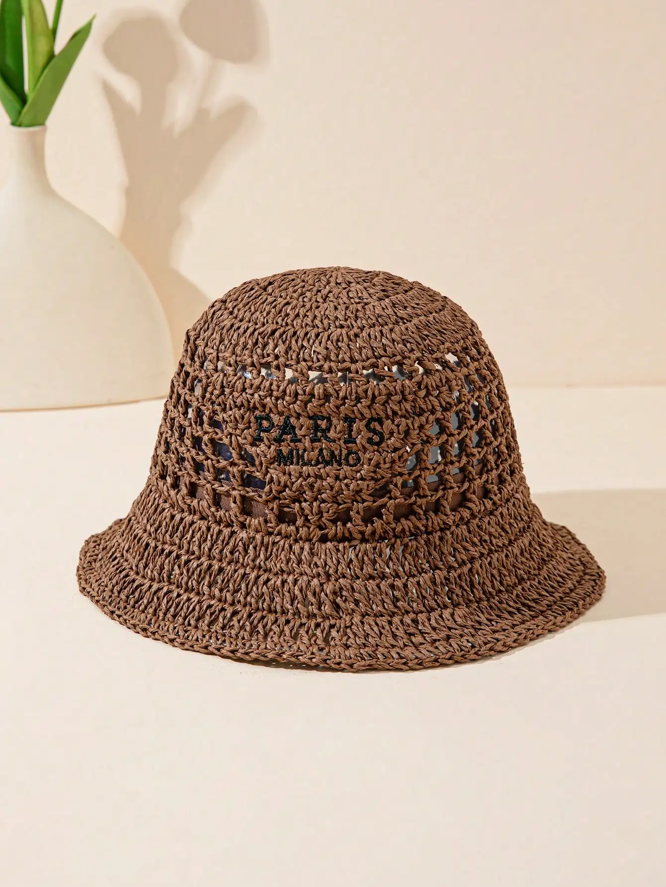 Women's Fashionable Bohemian Beach Resort Inverted Triangle Letter Embroidery Handmade Crocheted Straw Hat