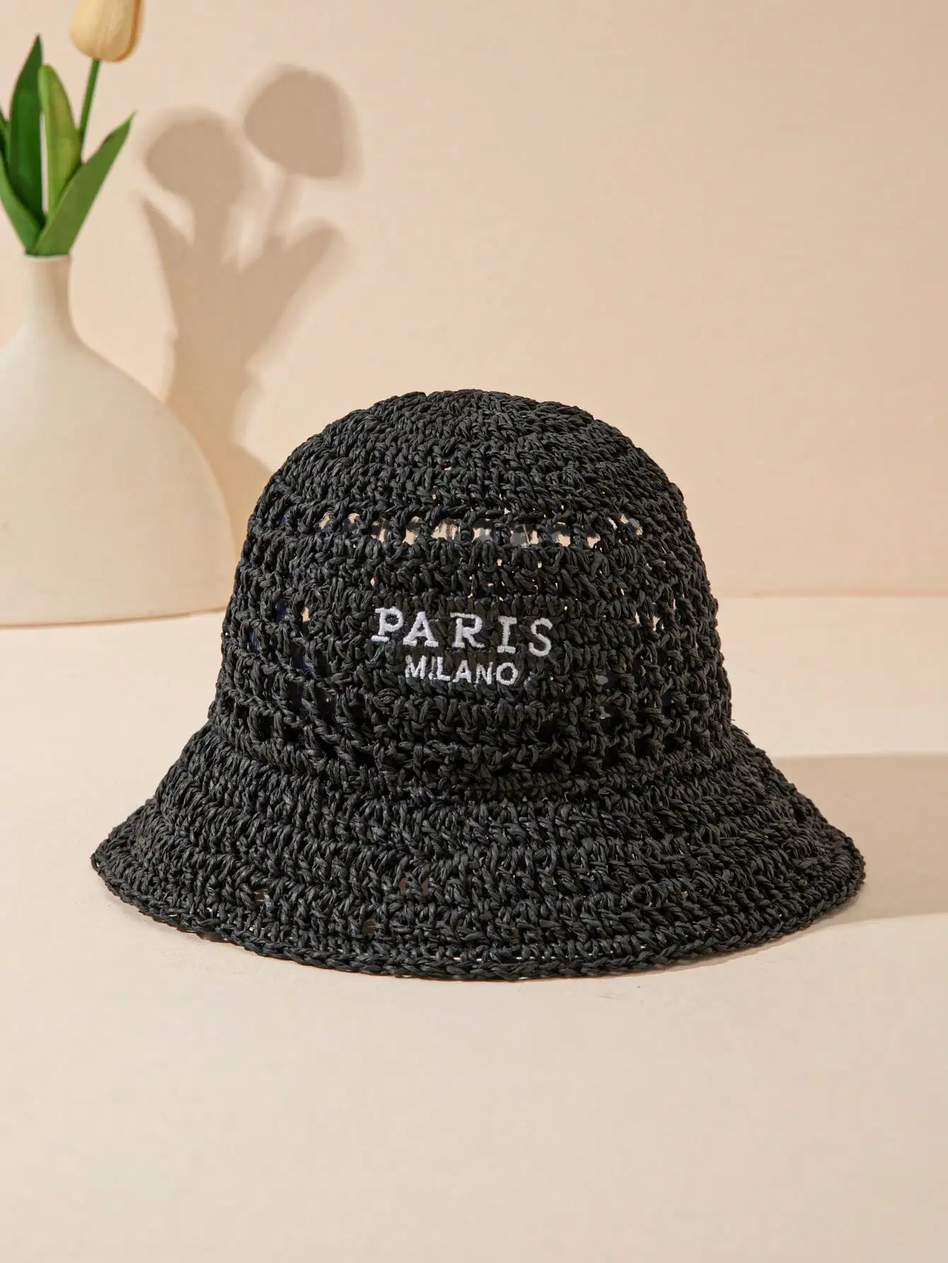 Women's Fashionable Bohemian Beach Resort Inverted Triangle Letter Embroidery Handmade Crocheted Straw Hat