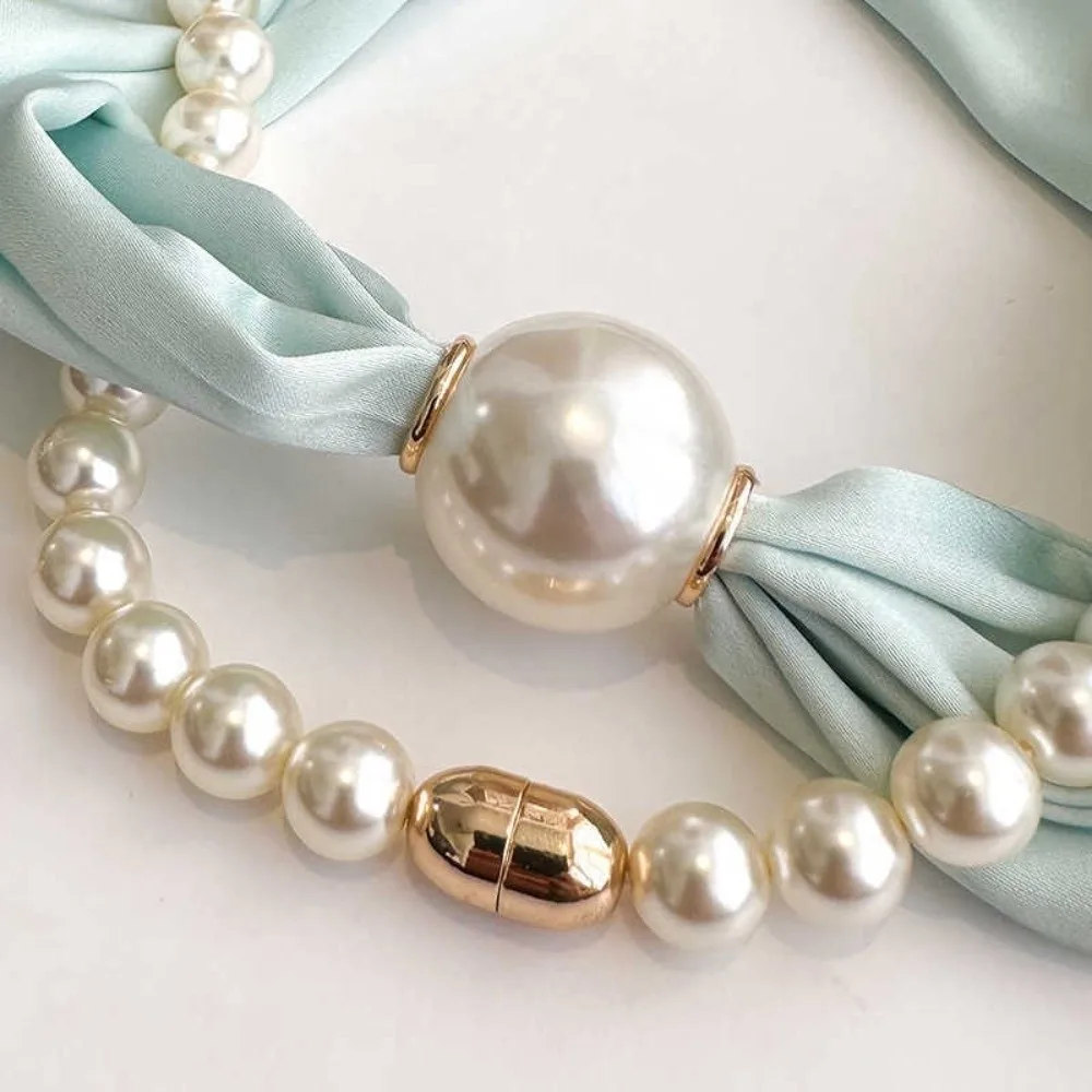 Fashion Magnetic Buckle Neck Scarf Narrow with Pearls Chain Necklace Satin Scarf Thin Soft Neckerchief