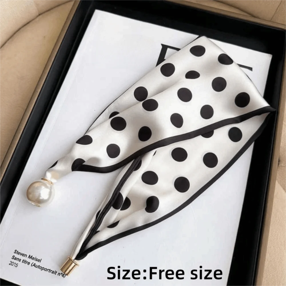 Fashion Magnetic Buckle Neck Scarf Narrow with Pearls Chain Necklace Satin Scarf Thin Soft Neckerchief