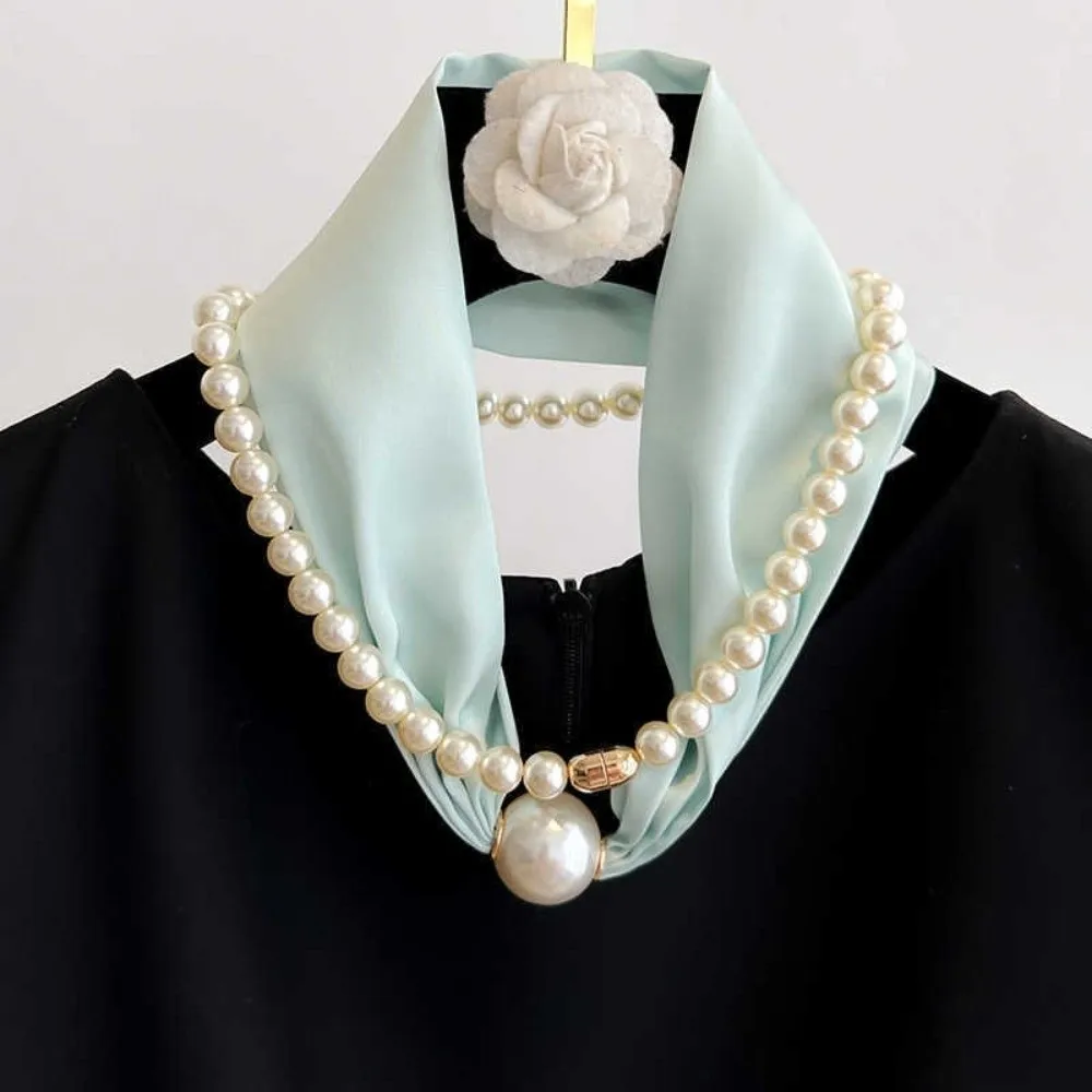 Fashion Magnetic Buckle Neck Scarf Narrow with Pearls Chain Necklace Satin Scarf Thin Soft Neckerchief