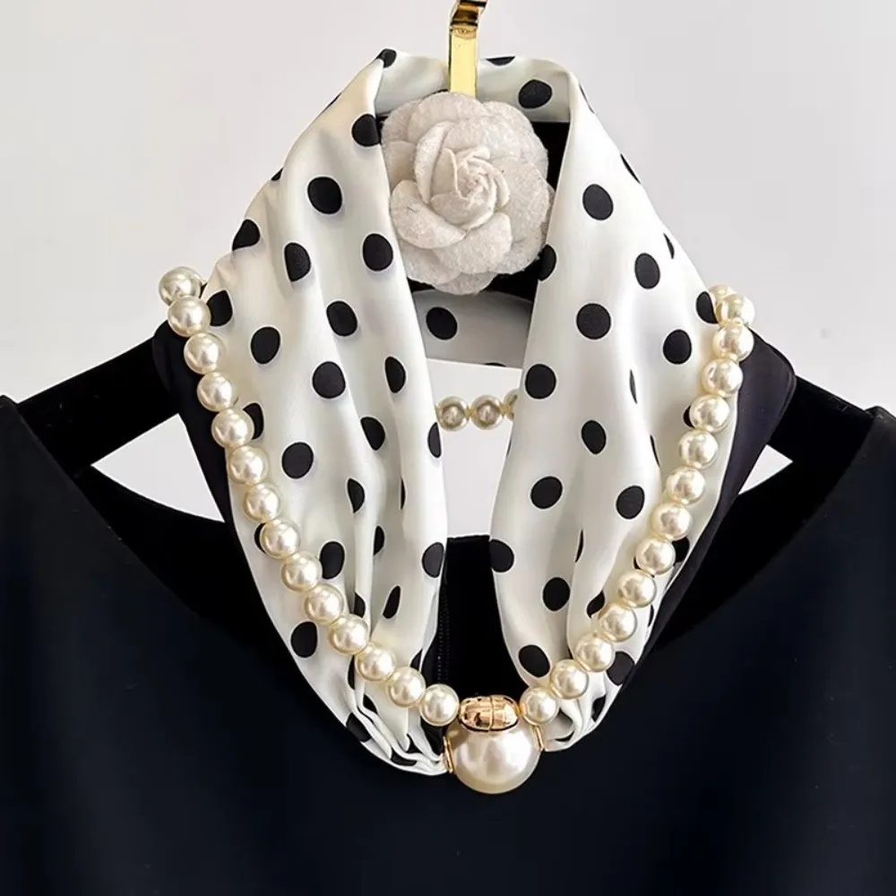 Fashion Magnetic Buckle Neck Scarf Narrow with Pearls Chain Necklace Satin Scarf Thin Soft Neckerchief
