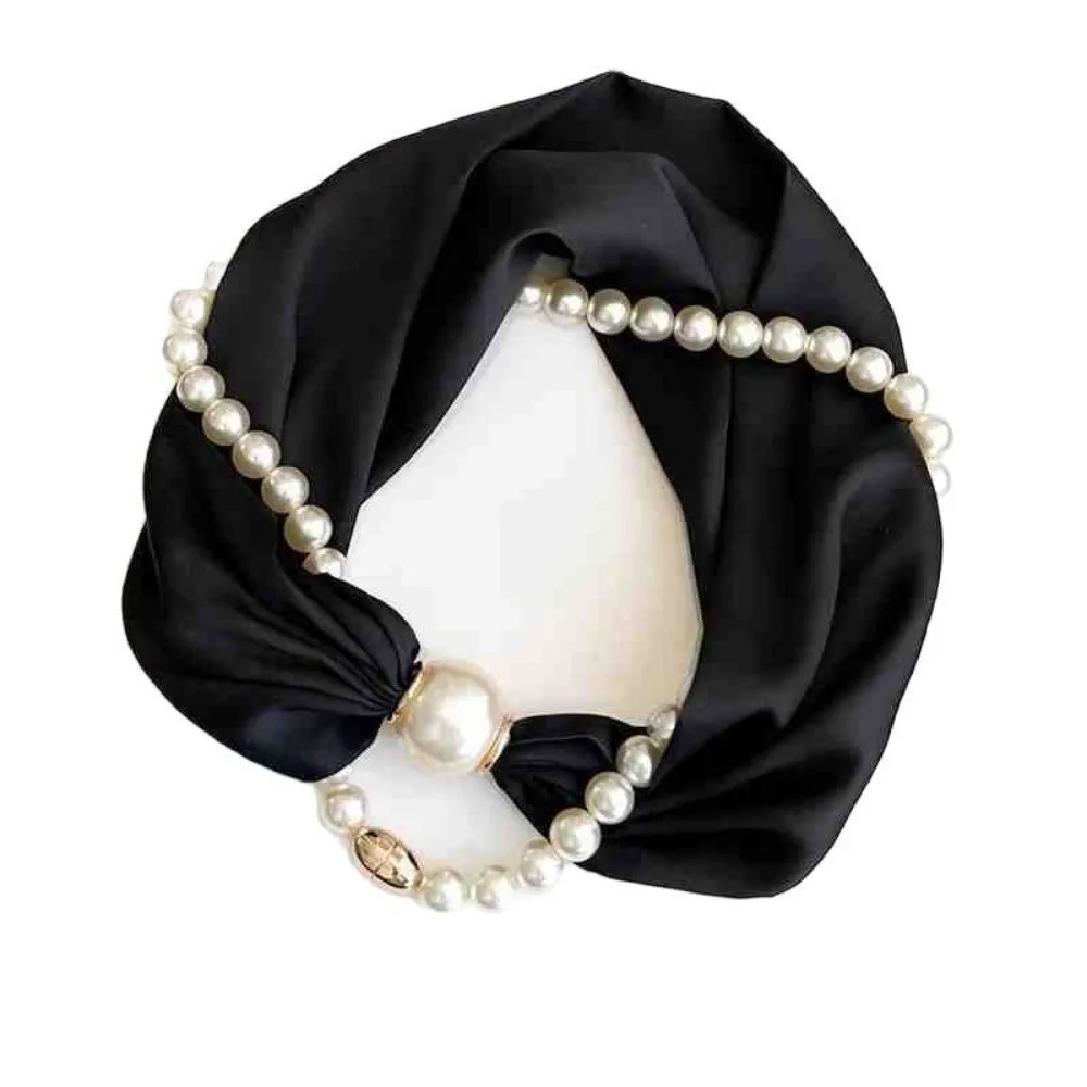 Fashion Magnetic Buckle Neck Scarf Narrow with Pearls Chain Necklace Satin Scarf Thin Soft Neckerchief