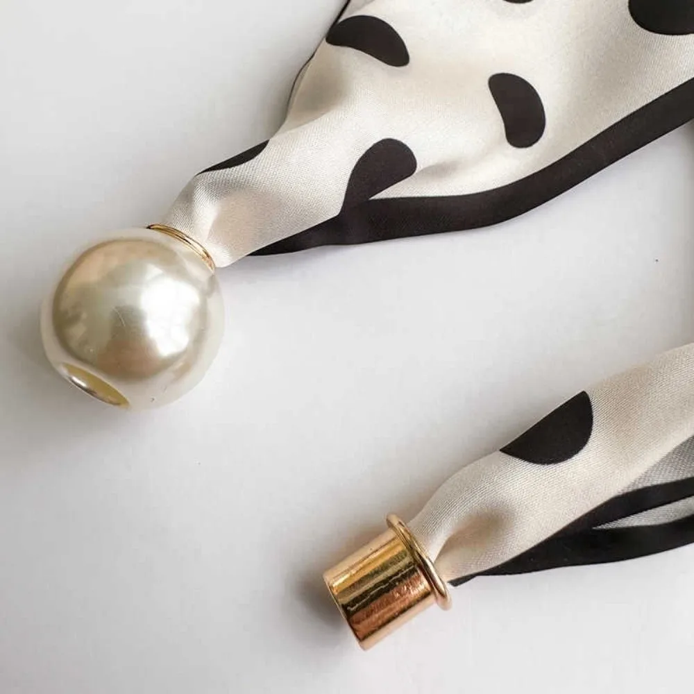 Fashion Magnetic Buckle Neck Scarf Narrow with Pearls Chain Necklace Satin Scarf Thin Soft Neckerchief