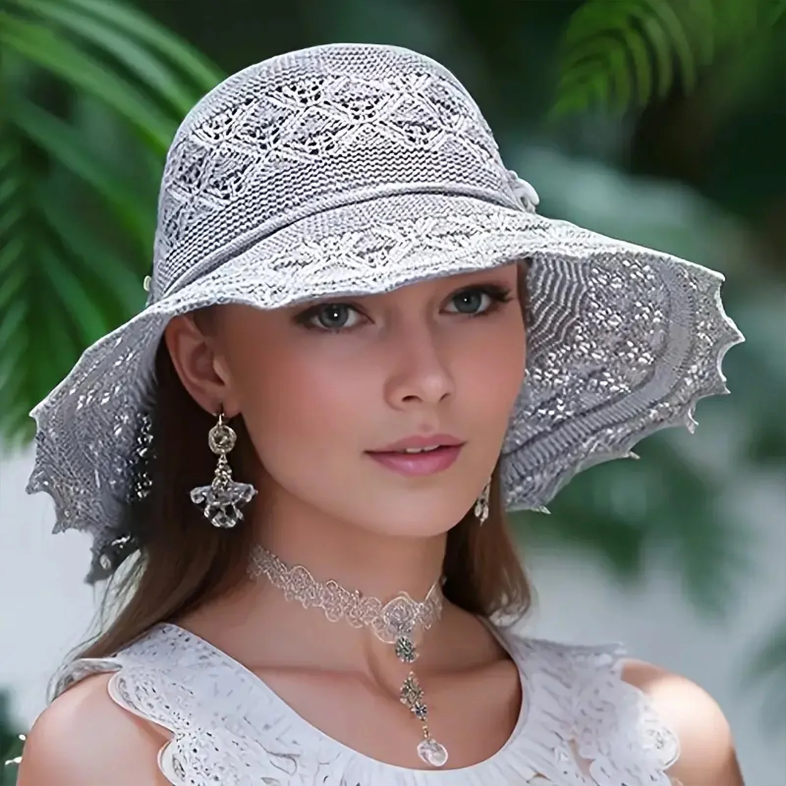 Women's Breathable Foldable Sun Visor Hats Large Lace Brim Uv Protections Summer Bow Beach Hat For Outdoor Sports Hiking