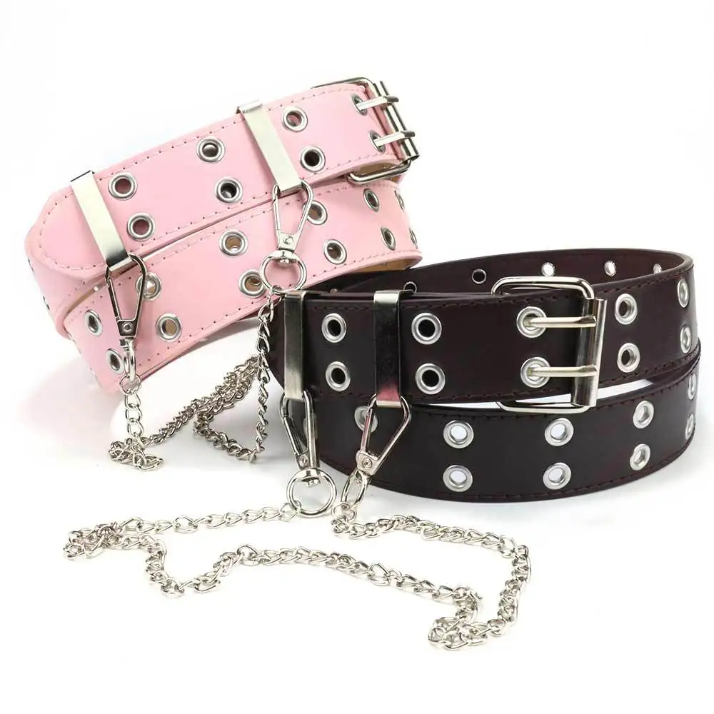 Y2K Aesthetic Punk Belt Women Pink Chain Leather Belt Adjustable with Metal Eyelets