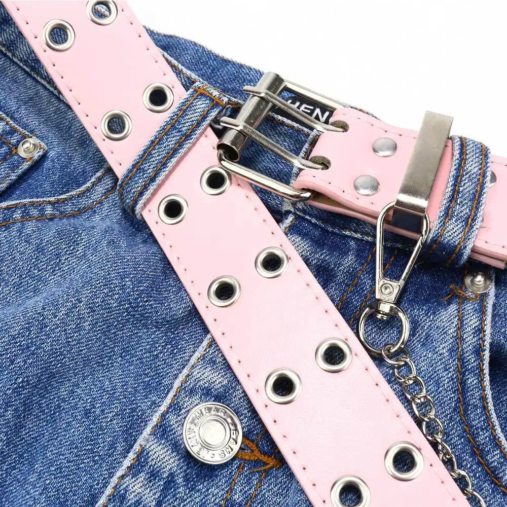 Y2K Aesthetic Punk Belt Women Pink Chain Leather Belt Adjustable with Metal Eyelets