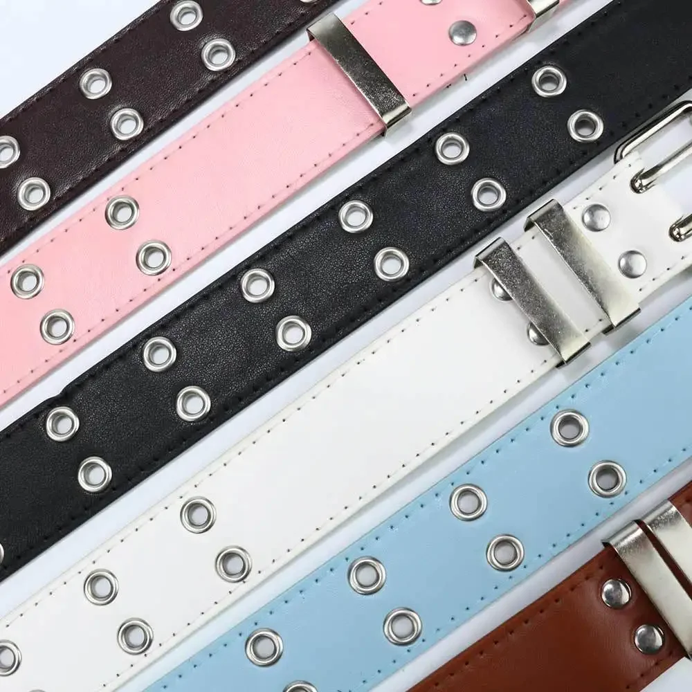 Y2K Aesthetic Punk Belt Women Pink Chain Leather Belt Adjustable with Metal Eyelets