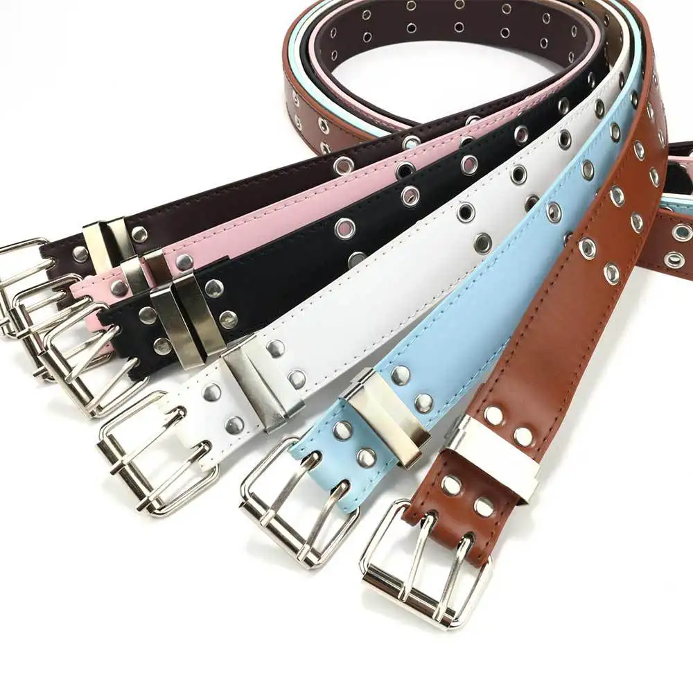 Y2K Aesthetic Punk Belt Women Pink Chain Leather Belt Adjustable with Metal Eyelets
