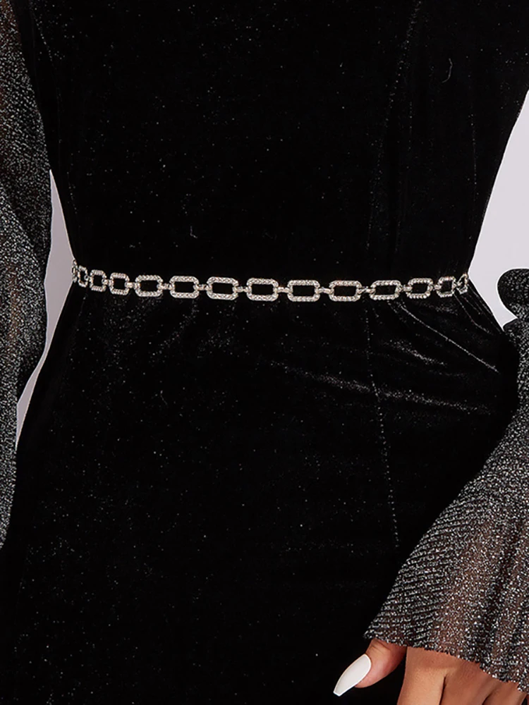 Fashion Women's Rhinestone Belt Metal Slim Waist Chain High Quality Versatile Dress Accessories Trendy Belt Bright Bride Bling