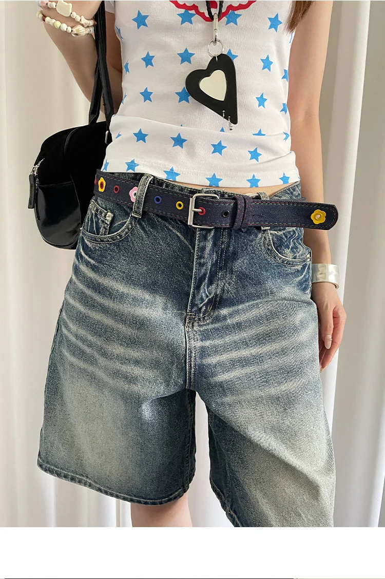 Y2k Dopamine Floral Red Plaid Waist Belt For Women Summer 2025 New Sweet Cool Hot Girl Denim Blue Belt