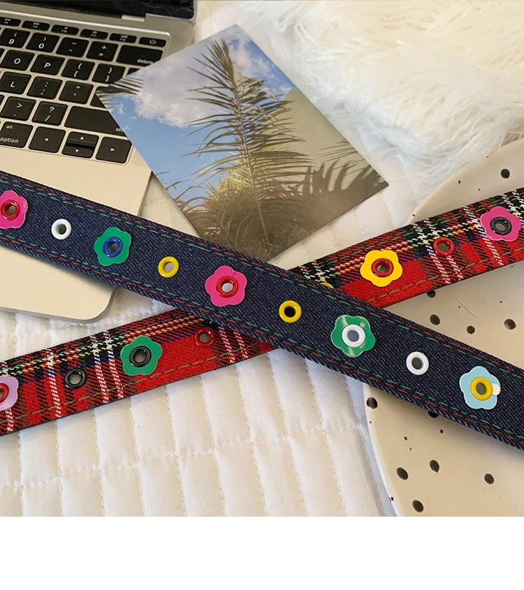 Y2k Dopamine Floral Red Plaid Waist Belt For Women Summer 2025 New Sweet Cool Hot Girl Denim Blue Belt