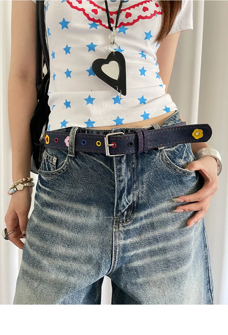 Y2k Dopamine Floral Red Plaid Waist Belt For Women Summer 2025 New Sweet Cool Hot Girl Denim Blue Belt