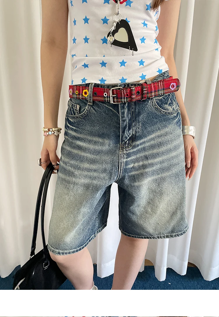 Y2k Dopamine Floral Red Plaid Waist Belt For Women Summer 2025 New Sweet Cool Hot Girl Denim Blue Belt