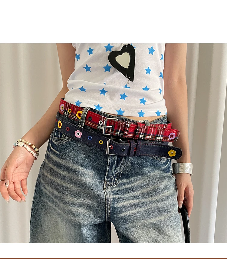 Y2k Dopamine Floral Red Plaid Waist Belt For Women Summer 2025 New Sweet Cool Hot Girl Denim Blue Belt