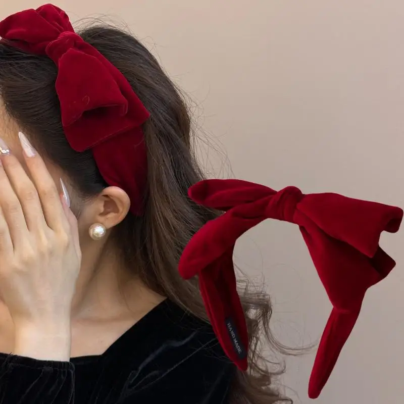 Red Black Velvet Wide Bow Headband For Girls Women Winter Hairband Fashion Temperament New Year Hair Accessories【AliS8】